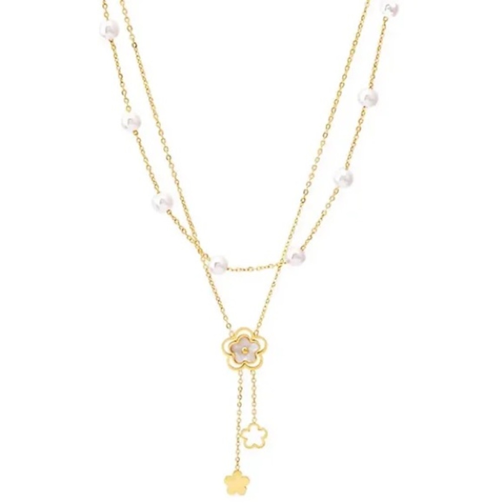 Pearls and Flower Necklace Set Stainless Steel